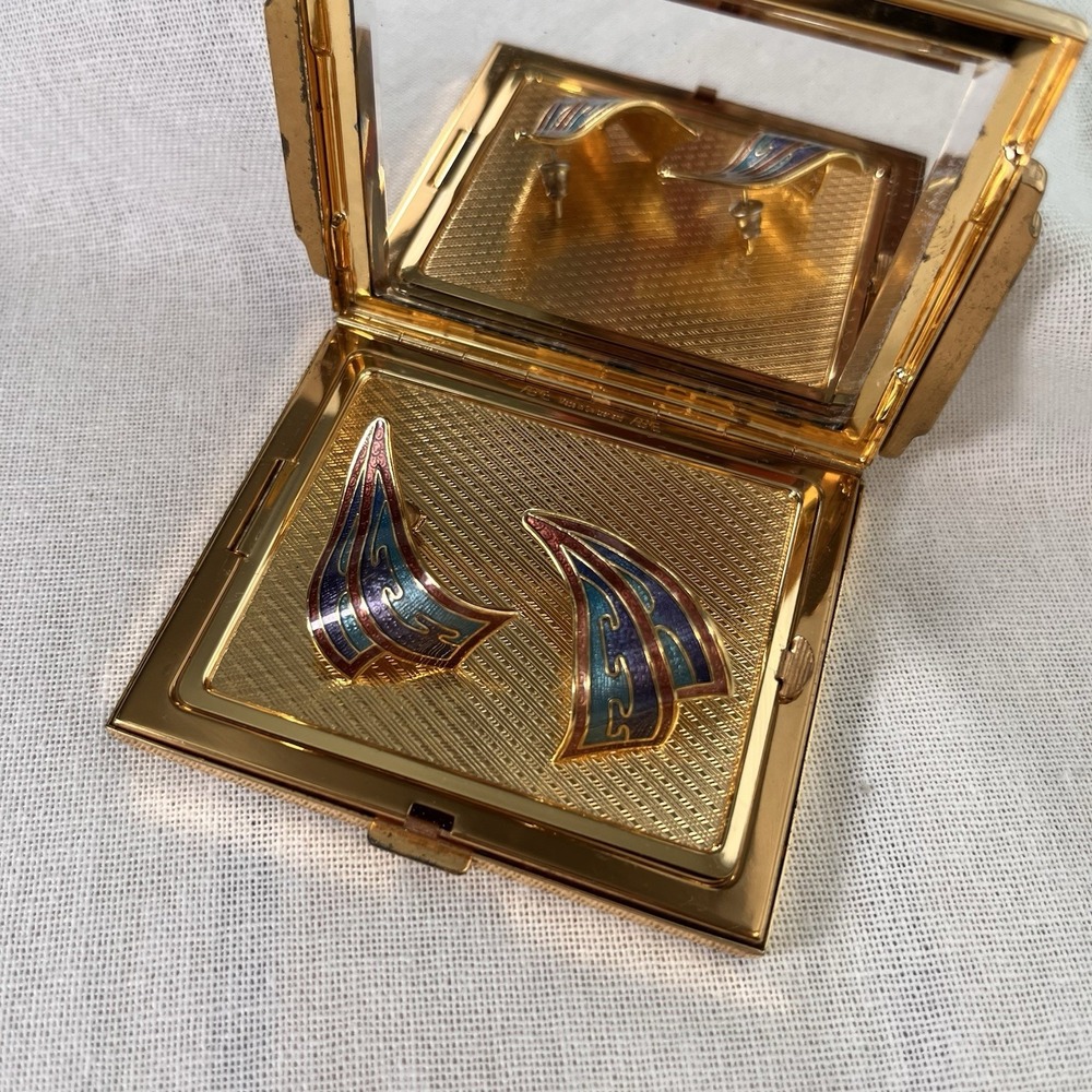 Vintage Cloisonné Enamel Pierced Earrings Blue Red Gold Tone Leaf
